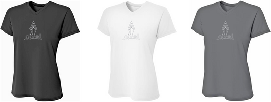 Dry-Fit,Silver Outline Logo, Short Sleeve V-neck T-Shirt for Women